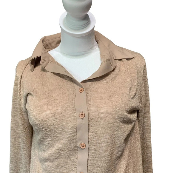 Pleione women's tan oversized button up blouse - Picture 2 of 6
